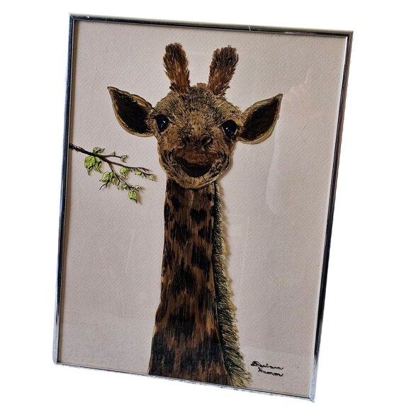 Barbara Hamm Reverse Painted Giraffe Artwork Painting Framed Wildlife Decor
